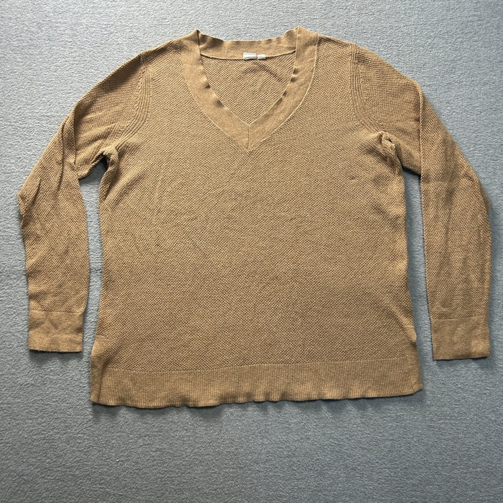 GAP V Neck Sweater Womens XL Camel Tan Lightweight Knit Long Sleeve Textured Top